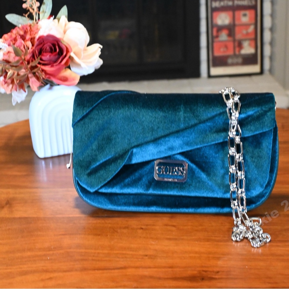 GUESS Teal Velvet Clutch with Silver Chain
